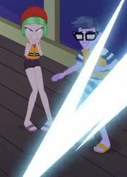Size: 380x527 | Tagged: safe, screencap, character:drama letter, character:microchips, character:watermelody, equestria girls:spring breakdown, g4, my little pony:equestria girls, background human, clothing, cropped, feet, female, glasses, legs, lifejacket, lightning, male, sandals, swimsuit