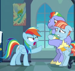 Size: 758x715 | Tagged: safe, screencap, character:bow hothoof, character:rainbow dash, character:windy whistles, species:pegasus, species:pony, episode:parental glideance, g4, my little pony: friendship is magic, angry, bags under eyes, beard, clothing, cropped, facial hair, family, father and daughter, female, floppy ears, folded wings, freckles, furious, hug, husband and wife, male, mare, mohawk, mother and daughter, multicolored hair, open mouth, poster, scared, shirt, sin of wrath, stallion, trio, unshorn fetlocks, yelling