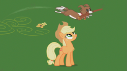 Size: 853x480 | Tagged: safe, screencap, character:applejack, character:winona, species:earth pony, species:pony, episode:may the best pet win, g4, my little pony: friendship is magic, duo, female, mare, smiling, stick