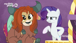Size: 1366x768 | Tagged: safe, screencap, character:rarity, character:yona, species:pony, species:unicorn, species:yak, episode:she's all yak, g4, my little pony: friendship is magic, bipedal, bow, brown hair, cloven hooves, discovery family logo, duo, female, fit right in, hair bow, hairstyle, mare, monkey swings