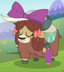 Size: 684x768 | Tagged: safe, screencap, character:yona, species:yak, episode:she's all yak, g4, my little pony: friendship is magic, bow, clothing, cloven hooves, cropped, cute, female, hair bow, hat, monkey swings, solo, sophisticated as hell, umbrella, yonadorable