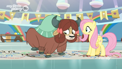 Size: 1364x768 | Tagged: safe, screencap, character:fluttershy, character:yona, species:pegasus, species:pony, species:yak, episode:she's all yak, g4, my little pony: friendship is magic, bow, chart, cloven hooves, dotted line, duo, female, gym, hair bow, hoofprints, mare, monkey swings, nervous, paper, twisting