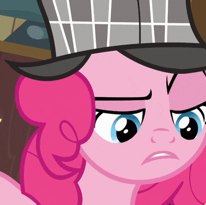 Size: 405x404 | Tagged: safe, screencap, character:pinkie pie, species:earth pony, species:pony, episode:secrets and pies, g4, my little pony: friendship is magic, animated, close-up, clothing, cropped, deerstalker, detective, female, gif, hat, lidded eyes, mare, pinkie being pinkie, prehensile mane, raised eyebrow, smiling, solo