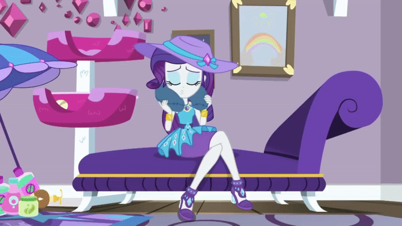 Size: 800x450 | Tagged: safe, screencap, character:rarity, episode:camping must-haves, g4, my little pony:equestria girls, adorasexy, animated, armpits, bedroom, body pillow, clothing, couch, cushion, cute, hat, high heels, pencil skirt, pillow, rarara, raribetes, rarity's bedroom, scratching post, sexy, shoes, umbrella, wall painting