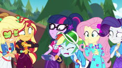 Size: 1920x1080 | Tagged: safe, screencap, character:applejack, character:fluttershy, character:rainbow dash, character:rarity, character:sunset shimmer, character:twilight sparkle, character:twilight sparkle (scitwi), species:eqg human, episode:festival filters, g4, my little pony:equestria girls, applejack's sunglasses, bracelet, butterfly, clothing, disgusted, faec, geode of fauna, geode of shielding, geode of telekinesis, hat, jewelry, magical geodes, new outfit, phone, reaction image, visor