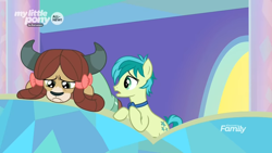 Size: 1366x768 | Tagged: safe, screencap, character:sandbar, character:yona, episode:she's all yak, g4, my little pony: friendship is magic, bow tie, discovery family logo, sad, treehouse of harmony