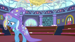 Size: 1280x720 | Tagged: safe, screencap, character:trixie, episode:a matter of principals, g4, my little pony: friendship is magic, banana, food, school of friendship, solo, twilight's castle
