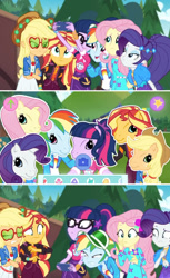 Size: 1255x2053 | Tagged: safe, screencap, character:applejack, character:fluttershy, character:rainbow dash, character:rarity, character:sunset shimmer, character:twilight sparkle, character:twilight sparkle (scitwi), species:eqg human, species:pony, episode:festival filters, g3, g4, my little pony:equestria girls, disgusted, do not want, g3 faic, g3 pony face (filter), g4 to g3, generation leap, geode of fauna, geode of telekinesis, magical geodes, not an edit, pinkie blind, shocked, wat