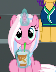 Size: 834x1056 | Tagged: safe, screencap, character:caramel, character:clear sky, species:pony, species:unicorn, episode:common ground, g4, my little pony: friendship is magic, cropped, cup, cute, cute sky, drink, drinking, drinking straw, female, glowing horn, horn, juice, looking at you, magic, magic aura, mare, solo focus, telekinesis