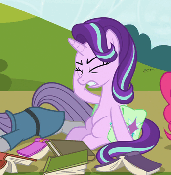 Size: 346x353 | Tagged: safe, screencap, character:maud pie, character:pinkie pie, character:starlight glimmer, species:pony, species:unicorn, episode:rock solid friendship, g4, my little pony: friendship is magic, animated, book, cropped, glowing horn, horn, saddle bag, solo focus