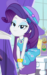 Size: 669x1049 | Tagged: safe, screencap, character:rarity, episode:camping must-haves, g4, my little pony:equestria girls, cap, clothing, cropped, eyeshadow, female, geode of shielding, hat, lidded eyes, magical geodes, makeup, pencil skirt, rarity's bedroom, skirt, smiling, solo