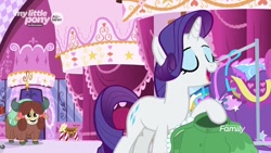 Size: 1280x720 | Tagged: safe, screencap, character:rarity, character:yona, species:pony, species:yak, episode:she's all yak, g4, my little pony: friendship is magic, clothing, dress