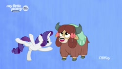 Size: 1280x720 | Tagged: safe, screencap, character:rarity, character:yona, species:pony, species:unicorn, species:yak, episode:she's all yak, g4, my little pony: friendship is magic, bow, cloven hooves, dancing, duo, female, fit right in, gradient background, hair bow, mare, monkey swings