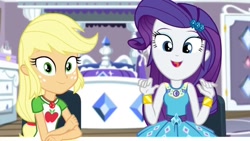 Size: 1280x720 | Tagged: safe, screencap, character:applejack, character:rarity, episode:camping must-haves, g4, my little pony:equestria girls, barrette, bed, door, dresser, duo, geode of shielding, geode of super strength, magical geodes, makeup, rarity's bedroom