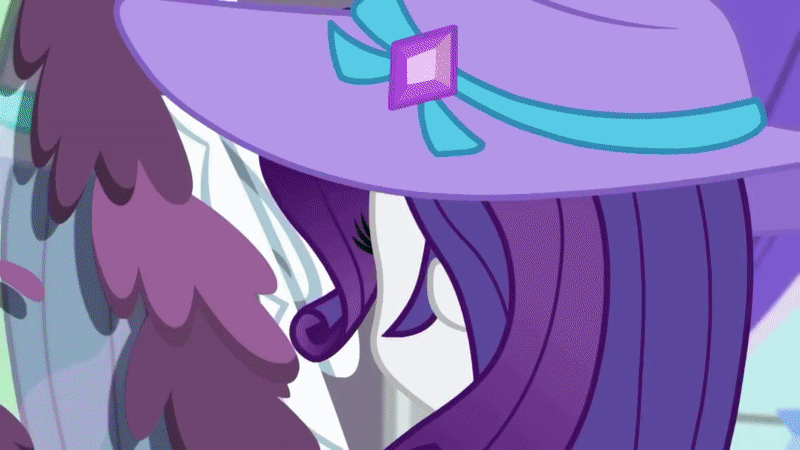 Size: 800x450 | Tagged: safe, screencap, character:rarity, episode:camping must-haves, g4, my little pony:equestria girls, animated, blinking, bracelet, clothing, drapes, female, flirty, geode of shielding, gif, hat, jewelry, looking at you, magical geodes, mirror, pose, rarity's bedroom, sewing machine, solo, table, thread, thread rack, window