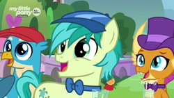 Size: 1280x720 | Tagged: safe, screencap, character:gallus, character:sandbar, character:smolder, species:dragon, species:griffon, species:pony, episode:she's all yak, g4, my little pony: friendship is magic, bow tie, clothing, cute, flat cap, gallabetes, hat, sandabetes, smolderbetes, top hat