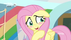 Size: 1280x720 | Tagged: safe, screencap, character:fluttershy, species:pony, episode:she's all yak, g4, my little pony: friendship is magic, bashful, blushing, cropped, cute, dawwww, discovery family logo, floppy ears, shyabetes, solo, weapons-grade cute