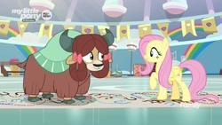 Size: 1280x720 | Tagged: safe, screencap, character:fluttershy, character:yona, species:pegasus, species:pony, species:yak, episode:she's all yak, g4, my little pony: friendship is magic, bow, cloven hooves, dance lesson, dancing, female, hair bow, mare, monkey swings