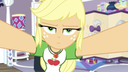 Size: 1334x750 | Tagged: safe, screencap, character:applejack, character:opalescence, episode:camping must-haves, g4, my little pony:equestria girls, applejack is not amused, offscreen character, pov, rarity's bedroom, solo, unamused