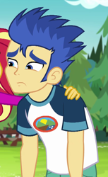 Size: 404x661 | Tagged: safe, screencap, character:flash sentry, character:sunset shimmer, equestria girls:legend of everfree, g4, my little pony:equestria girls, arm around neck, arms, camp everfree logo, camp everfree outfits, clothing, cropped, hand on shoulder, male, offscreen character, solo focus