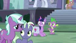 Size: 1920x1080 | Tagged: safe, screencap, character:spike, character:twilight sparkle, character:twilight sparkle (alicorn), species:alicorn, species:dragon, species:pony, episode:the point of no return, g4, my little pony: friendship is magic, friendship student, indigo daze, peanut pastry, saddle bag, salmon skies, sleeping willow, winged spike