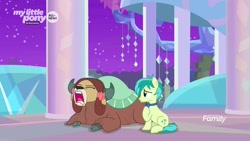 Size: 1280x720 | Tagged: safe, screencap, character:sandbar, character:yona, species:earth pony, species:pony, species:yak, episode:she's all yak, g4, my little pony: friendship is magic, bow, bow tie, cloven hooves, discovery family logo, duo, female, hair bow, monkey swings, prone, treehouse of harmony