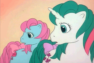 Size: 300x202 | Tagged: safe, screencap, character:baby cuddles, character:baby gusty, species:earth pony, species:pony, species:unicorn, g1, my little pony 'n friends, animated, bow, confused, female, filly, gif, horn, tail bow