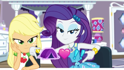 Size: 1280x720 | Tagged: safe, screencap, character:applejack, character:rarity, episode:camping must-haves, g4, my little pony:equestria girls, bed, bedroom eyes, looking at you, rarity's bedroom, shipping fuel, tent