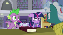 Size: 1920x1080 | Tagged: safe, screencap, character:bellflower blurb, character:pokey pierce, character:sea swirl, character:spike, character:twilight sparkle, character:twilight sparkle (alicorn), species:alicorn, species:dragon, species:pony, episode:the point of no return, g4, my little pony: friendship is magic, book, bookshelf, floppy ears, library, saddle bag, winged spike