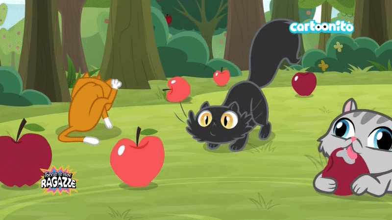 Size: 800x450 | Tagged: safe, screencap, episode:going to seed, g4, my little pony: friendship is magic, animal, animated, apple, apple tree, awww, cartoonito logo, cat, cats doing cat things, cute, dawwww, food, gif, goldie delicious' cats, grooming, italian, licking, pounce, siamese cat, tongue out, too cute, tree
