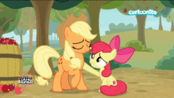Size: 1280x720 | Tagged: safe, screencap, character:apple bloom, character:applejack, species:earth pony, species:pony, episode:going to seed, g4, my little pony: friendship is magic, animated, apple, apple sisters, cartoonito logo, cutie mark, duo, female, filly, foal, food, italian, mare, no sound, the cmc's cutie marks, webm