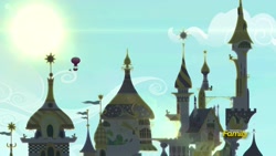 Size: 1920x1080 | Tagged: safe, screencap, episode:sparkle's seven, g4, my little pony: friendship is magic, architecture, canterlot castle, castle, hot air balloon, no pony, sun, twinkling balloon