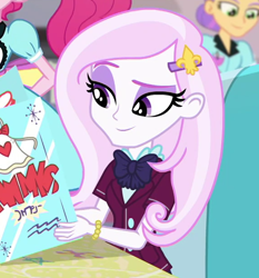 Size: 572x613 | Tagged: safe, screencap, character:fleur-de-lis, character:pinkie pie, episode:five stars, g4, my little pony:equestria girls, clothing, cropped, crystal prep academy uniform, eyeshadow, fleurabetes, makeup, menu, school uniform, smiling, sweet snacks cafe, tip top, when she smiles, written equestrian