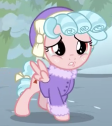 Size: 472x532 | Tagged: safe, screencap, character:cozy glow, species:pegasus, species:pony, episode:frenemies, g4, my little pony: friendship is magic, clothing, cropped, crying, female, filly, foal, hat, solo, winter outfit