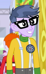 Size: 339x540 | Tagged: safe, screencap, character:heath burns, character:microchips, episode:a fine line, g4, my little pony:equestria girls, background human, clothing, glasses, heath burns, male, smiling