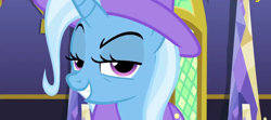 Size: 900x400 | Tagged: safe, screencap, character:trixie, species:pony, species:unicorn, episode:no second prances, g4, my little pony: friendship is magic, cape, clothing, entrance, female, grin, hat, long time no see, mare, raised eyebrow, smiling, smirk, solo, trixie's cape, trixie's hat, twilight's castle