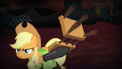 Size: 1280x720 | Tagged: safe, screencap, character:applejack, species:earth pony, species:pony, episode:somepony to watch over me, g4, my little pony: friendship is magic, applejack's hat, chair, clothing, cowboy hat, female, fireproof boots, hat, mare, saddle bag, solo, stetson