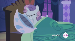 Size: 852x470 | Tagged: safe, screencap, character:sweetie belle, species:pony, species:unicorn, episode:for whom the sweetie belle toils, angry, bed, blanket, female, filly, hub logo, pillow, solo