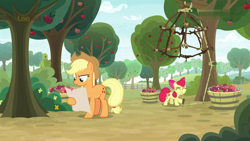 Size: 1920x1080 | Tagged: safe, screencap, character:apple bloom, character:applejack, species:earth pony, species:pony, episode:going to seed, g4, my little pony: friendship is magic, apple, apple sisters, apple tree, duo, female, filly, foal, food, male, mare, mouth hold, rope, sisters, trap, tree, what could possibly go wrong