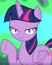 Size: 437x550 | Tagged: safe, screencap, character:twilight sparkle, character:twilight sparkle (alicorn), species:alicorn, species:pony, episode:molt down, g4, my little pony: friendship is magic, creepy, cropped, dragonfire, female, fire, fire breath, great moments in animation, looking at you, mare, mid-blink screencap, nightmare fuel, raised hoof, smiling, twilight sparkle is best facemaker, wat