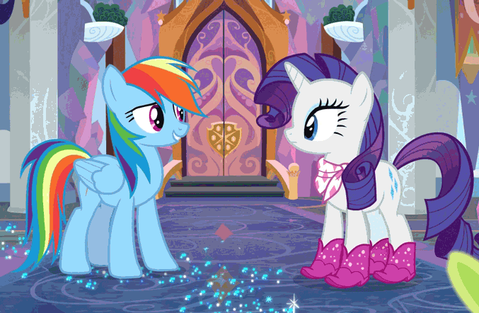 Size: 677x442 | Tagged: safe, screencap, character:rainbow dash, character:rarity, species:pegasus, species:pony, species:unicorn, episode:the end in friend, g4, my little pony: friendship is magic, animated, blinking, boots, bucking, cute, dashabetes, dawwww, excited, female, glitter boots, horses doing horse things, looking at each other, mare, raised hoof, rarara, raribetes, shoes, smiling, trotting, trotting in place