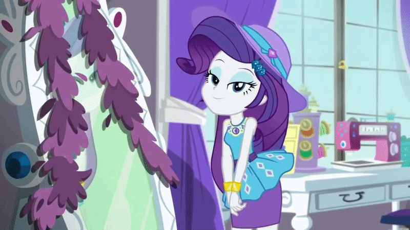Size: 800x450 | Tagged: safe, screencap, character:rarity, episode:camping must-haves, g4, my little pony:equestria girls, animated, blinking, bracelet, clothing, drapes, flirty, geode of shielding, gif, hat, jewelry, looking at you, magical geodes, mirror, pose, rarity's bedroom, sewing machine, smiling, solo, table, window