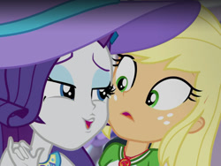 Size: 1084x813 | Tagged: safe, screencap, character:applejack, character:rarity, episode:camping must-haves, g4, my little pony:equestria girls, bad touch, clothing, duckface, female, hat, personal space invasion, shipping fuel