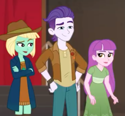 Size: 741x689 | Tagged: safe, screencap, episode:how to backstage, g4, my little pony:equestria girls, background human, clothing, cropped, crossed arms, dakota verde, dirk thistleweed, female, lipstick, male, smiling, violet wisteria