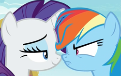 Size: 925x585 | Tagged: safe, screencap, character:rainbow dash, character:rarity, species:pegasus, species:pony, species:unicorn, episode:the end in friend, g4, my little pony: friendship is magic, angry, bickering, boop, cropped, eye contact, female, frown, lidded eyes, looking at each other, mare, narrowed eyes, nose to nose, nose wrinkle, noseboop, ponyville, shipping fuel, smiling, smug, smugity