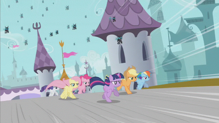 Size: 853x480 | Tagged: safe, screencap, character:applejack, character:fluttershy, character:pinkie pie, character:rainbow dash, character:rarity, character:twilight sparkle, species:changeling, species:earth pony, species:pegasus, species:pony, species:unicorn, episode:a canterlot wedding, g4, my little pony: friendship is magic, animated, female, gif, mare, running