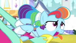 Size: 1702x957 | Tagged: safe, screencap, character:rainbow dash, character:zephyr breeze, species:pony, episode:sparkle's seven, g4, my little pony: friendship is magic, alternate hairstyle, bleh, clothing, disgusted, dress, funny face, megaradash, open mouth, rainbow dash always dresses in style, rainbow dash is best facemaker, rainbow dash is not amused, royal guard zephyr breeze, solo focus, tongue out, unamused