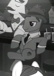 Size: 269x383 | Tagged: safe, screencap, species:pony, episode:sparkle's seven, g4, my little pony: friendship is magic, background pony, bartender, clothing, cropped, cute, grayscale, handsome, hat, leaning, leaning back, monochrome, noir, relaxed, short tail, sitting, sitting pretty, tuxedo, unnamed pony