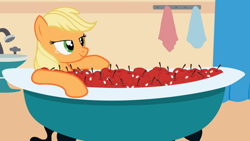 Size: 1280x720 | Tagged: safe, artist:forgalorga, screencap, character:applejack, species:earth pony, species:pony, apple, bath, bathing, bathtub, everypony is strange, food, show accurate, solo, that pony sure does love apples