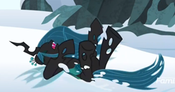 Size: 902x476 | Tagged: safe, screencap, character:queen chrysalis, species:changeling, episode:frenemies, g4, my little pony: friendship is magic, changeling queen, female, on back, snow, solo